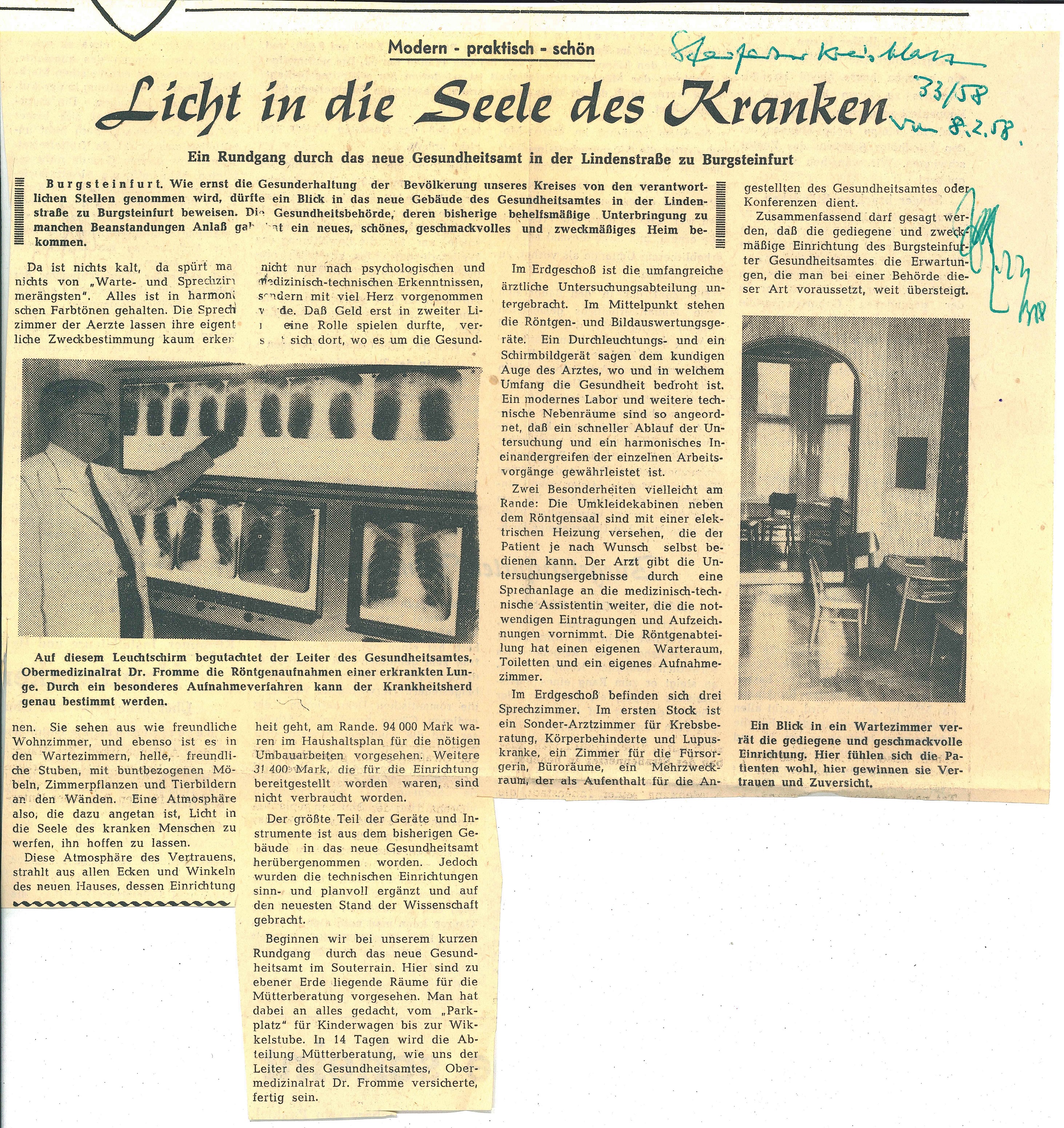 Zeitungsartikel zur Eröffnung eines neuen Gesundheitsamtes 1958 Zeitungsartikel zur Eröffnung eines neuen Gesundheitsamtes 1958